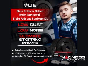 Alfa Romeo Stelvio Brake Kit - 2.0L - Front - R1 Concepts - Optimum OEp Brake Pads - eLINE Black Drilled + Slotted Rotors